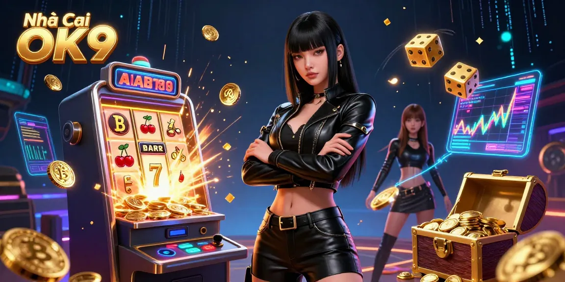 Engage in thrilling action at Nhà Cái OK9 with a stunning visual of dynamic casino elements and vibrant energy.