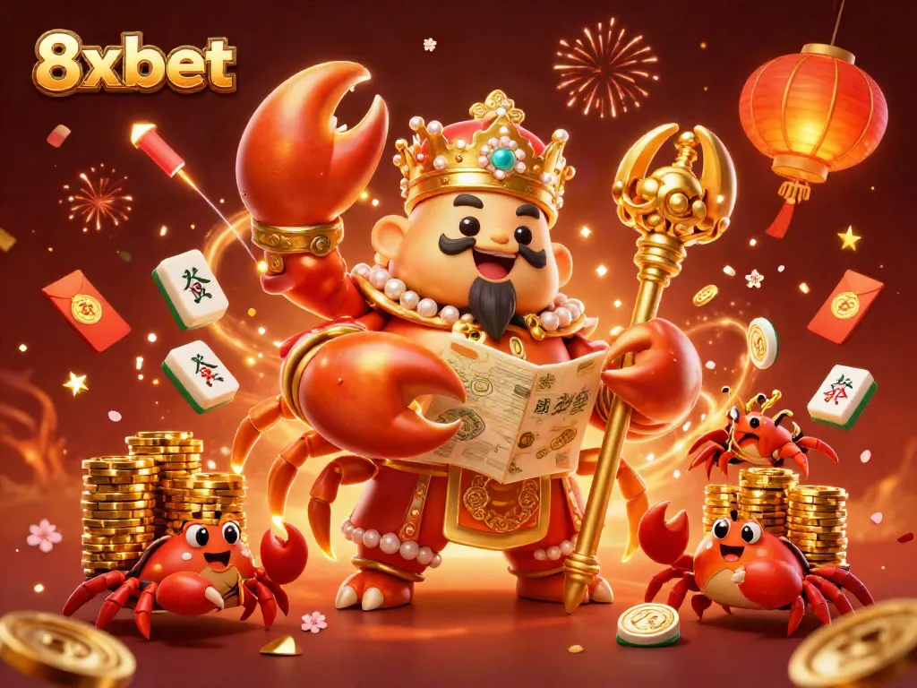 Experience the excitement of 8xbet with a dynamic scene including a golden crab emperor and gaming elements.