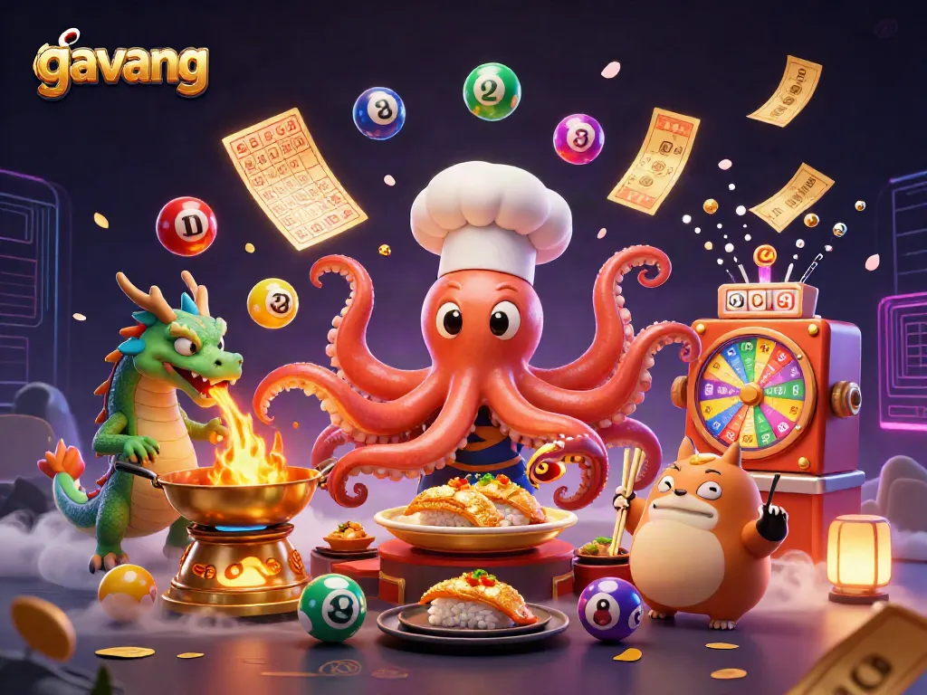 Experience thrilling gambling action with gavang's vibrant lottery elements and unique characters in this dynamic scene.