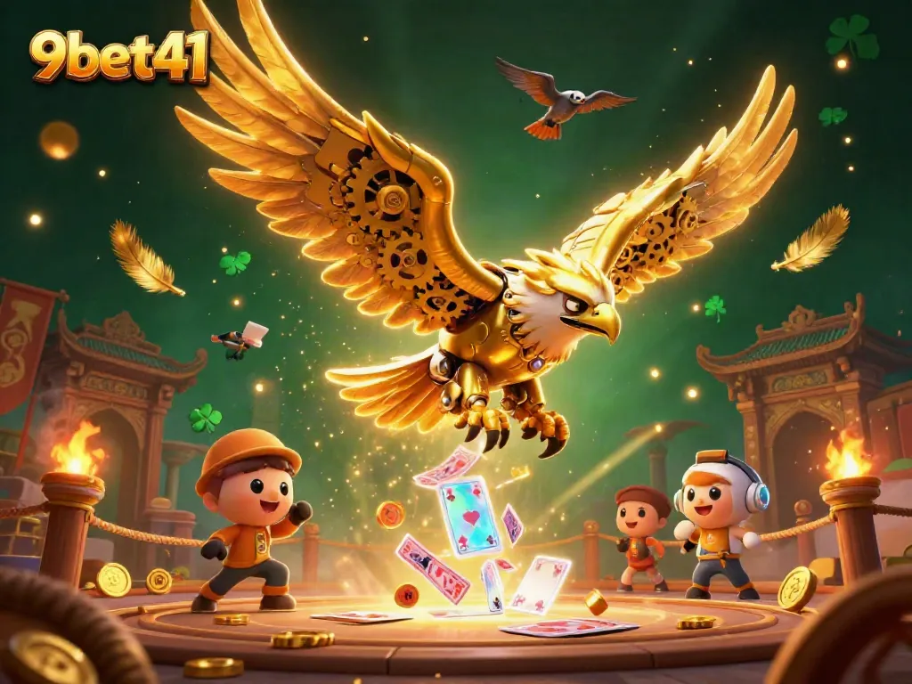 Experience the thrill of betting at 9bet41 with a dynamic illustration of an eagle soaring through enthralling gaming elements.