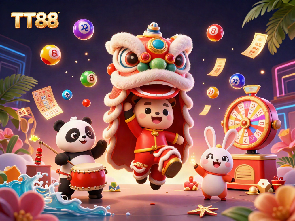 Experience thrilling luck with TT88, featuring a vibrant lion dance and colorful lottery elements.