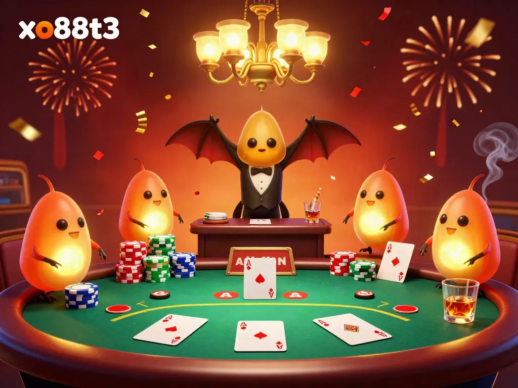 Experience the excitement of game action at xo88t3's illuminated casino scene with vibrant glowworms and a bat dealer.