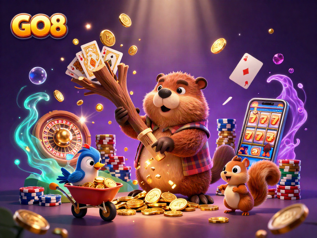 Experience thrilling gameplay with GO8 as a beaver collects golden coins in a vibrant casino scene.
