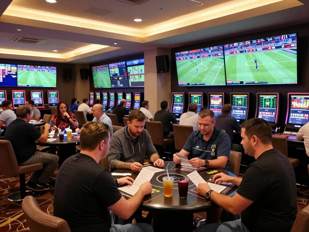 Kèo nhà cái 5 sports betting scene with patrons analyzing odds and making strategic bets in a vibrant casino.