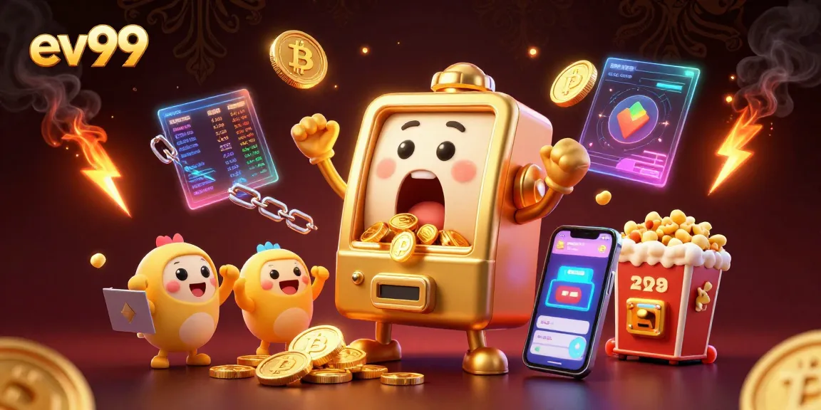 ev99 slot machine hits jackpot, surrounded by crypto coins and colorful elements