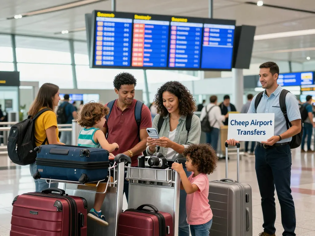 Cheap airport transfers family checking in at an airport with luggage and taxi sign.