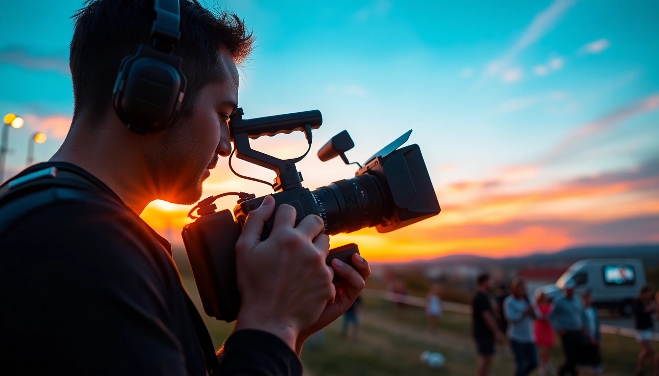 Videographer engaged in video capture during a vibrant sunset event.