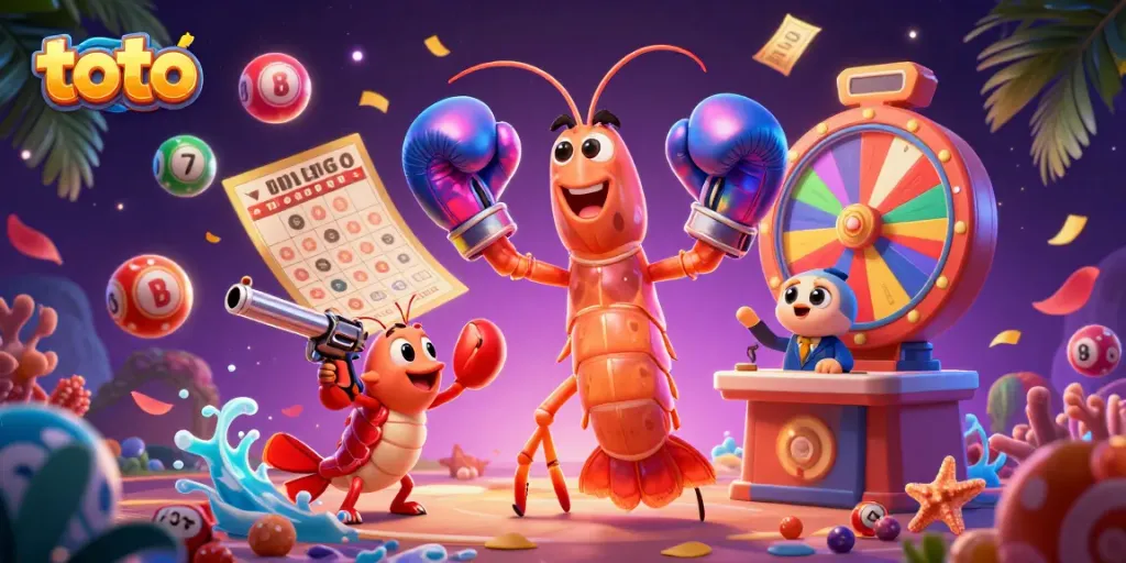Experience the thrilling winning energy of toto with our vibrant lottery scene featuring dynamic 3D aquatic characters.