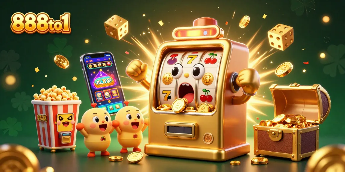 Experience thrilling slots action with 888to1's cartoon slot machine hitting a jackpot, coins exploding everywhere.