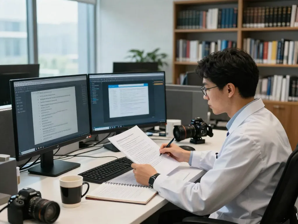 Researcher analyzing data at modern desk using official sources.