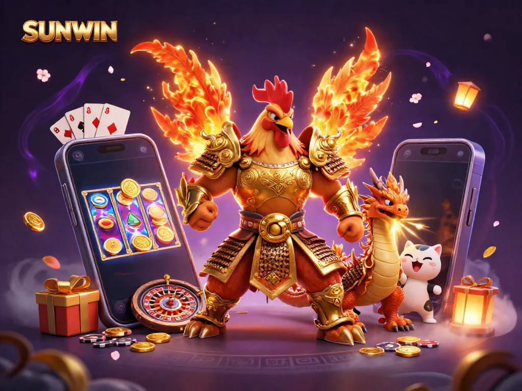 SUNWIN gaming illustration featuring a rooster warrior and dragon hatchling amidst casino elements.