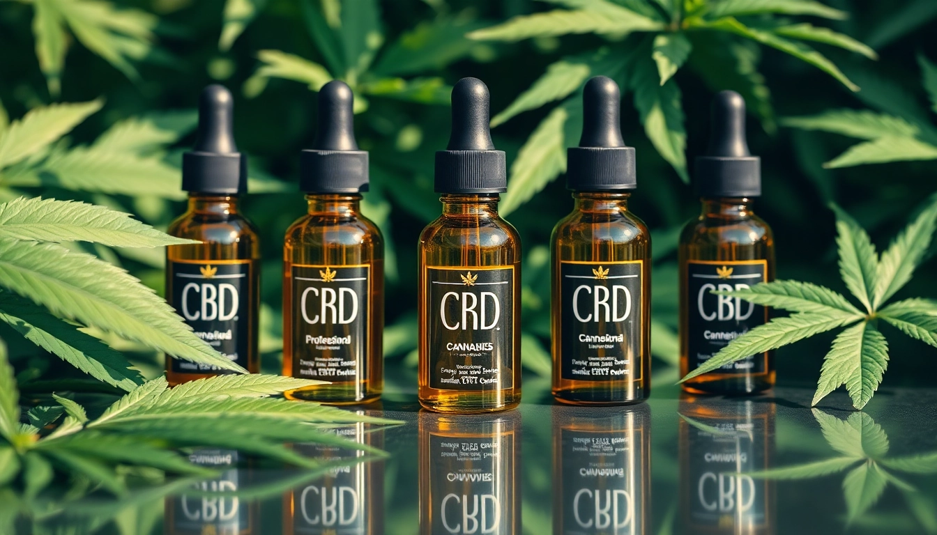 Buy CBD / THC Cannabis Oil UK in beautifully designed bottles surrounded by greenery.