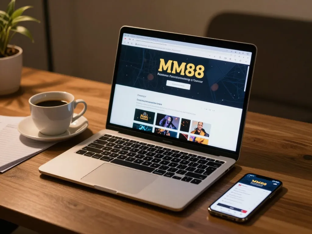 Registrate with MM88 through an engaging online gaming setup, showcasing a laptop and betting app.