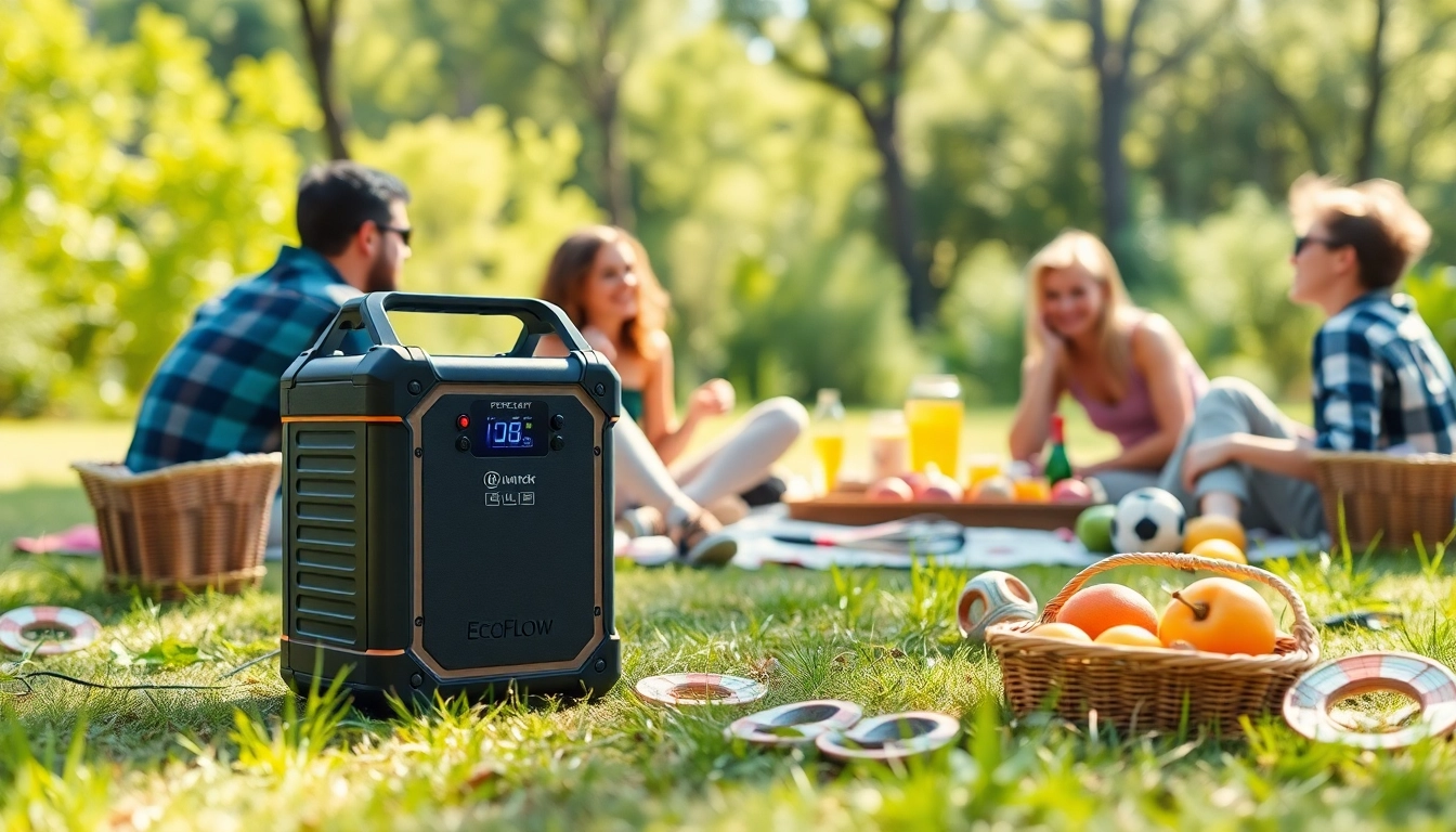 EcoFlow portable power station enhancing outdoor picnic experience with friends.