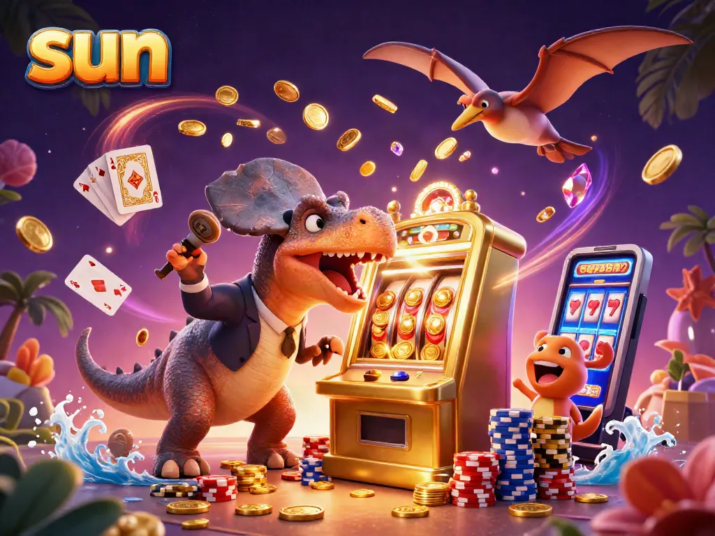 Experience a dazzling sun-themed casino scene with vibrant characters and dynamic winning action.