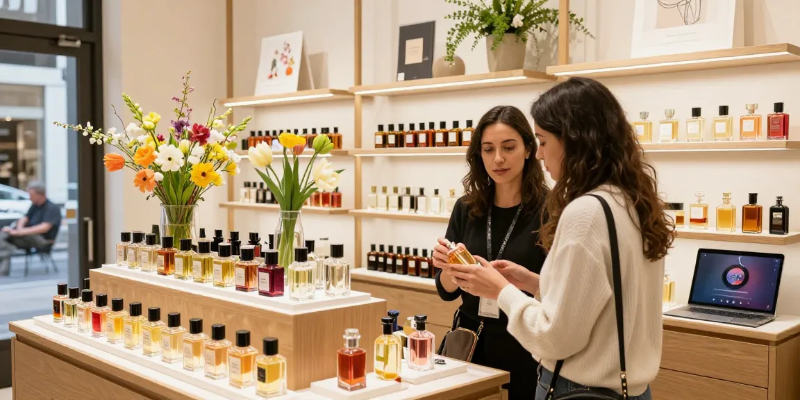 Seasonal fragrances displayed in a charming boutique with a knowledgeable attendant assisting a customer.