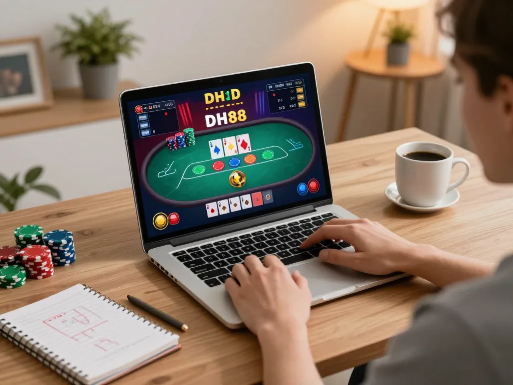 A player engages in an exciting DH88 poker game online, showcasing strategic moves and vibrant gameplay in a cozy home setup.