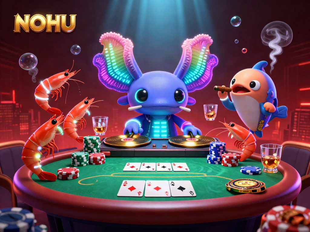 Engage with NOHU at a vibrant underwater poker party scene filled with colorful characters and lively game elements.
