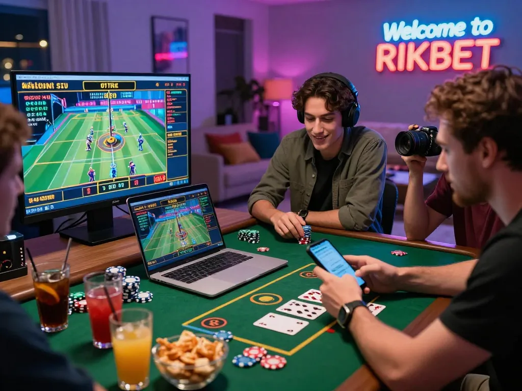 Diverse friends enjoying a vibrant online betting experience at https://rikbet.in.net/ with live casino games and dynamic atmosphere.