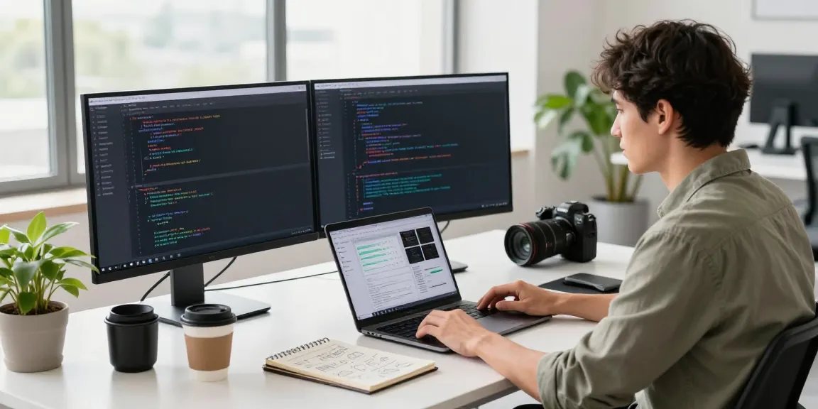 Developer using instant indexing tools at a modern tech workspace with dual monitors.