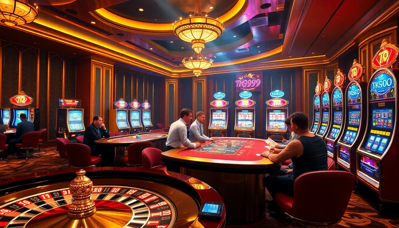 Players enjoying games at TK999 Casino, featuring vibrant slot machines and a roulette wheel.