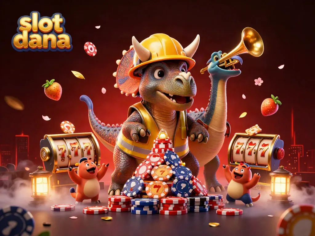 Join the excitement of slot dana with a 3D cartoon triceratops celebrating casino wins amidst poker chips and colorful game elements.