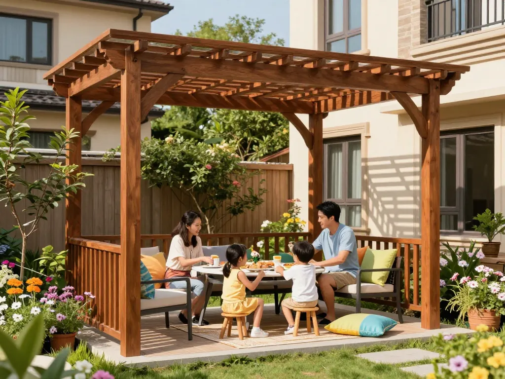 Family enjoying outdoor living under a pergola configurator design, vibrant garden backdrop.