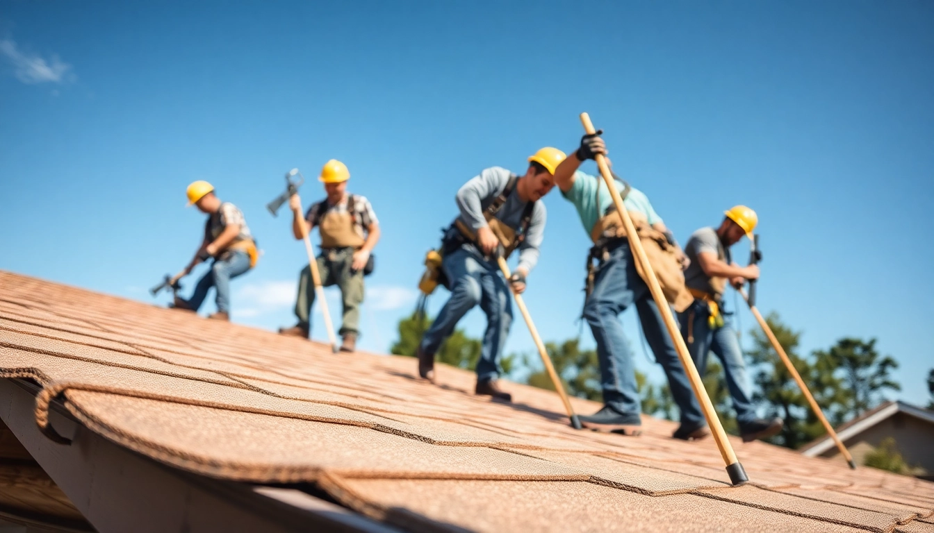 Skilled team from Roofing company efficiently installing a roof on a home, emphasizing teamwork and quality work.
