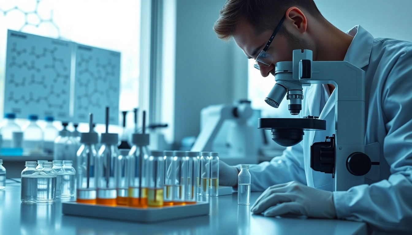 Analyze Peptides UK with a scientist examining samples in a professional laboratory.