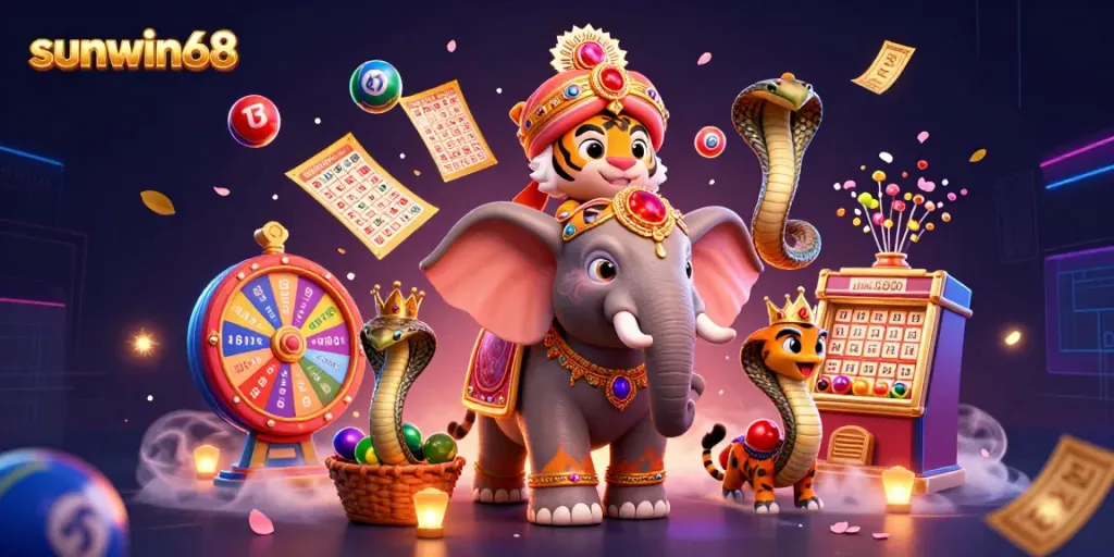 Experience thrilling gaming at sunwin68 with a lively illustration of a tiger and elephant, colorful lottery elements, and casino excitement.