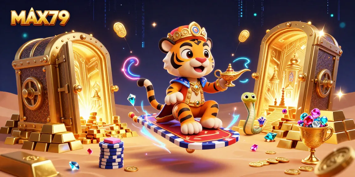 Experience the excitement of MAX79 through vibrant 3D casino elements and treasures in an immersive illustration.