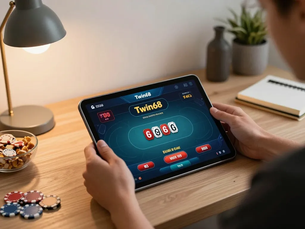 Twin68 gaming experience showcased with a user engaging on a tablet in a cozy home setup.