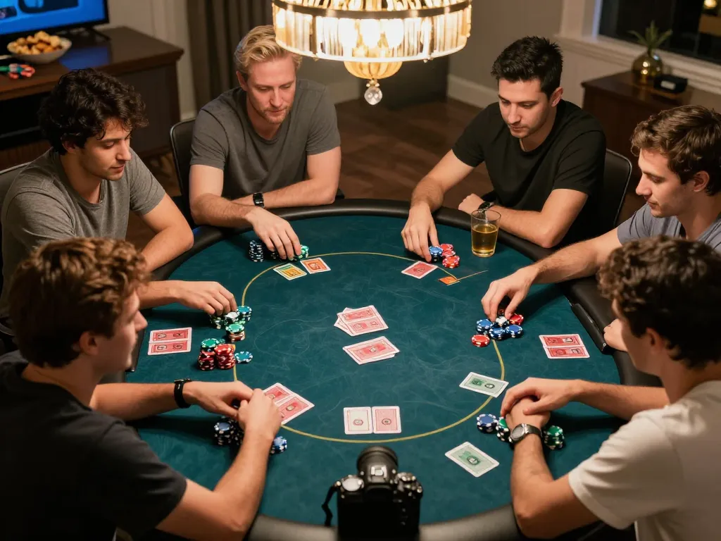 G28 players engaged in a home poker game with intense strategies and camaraderie