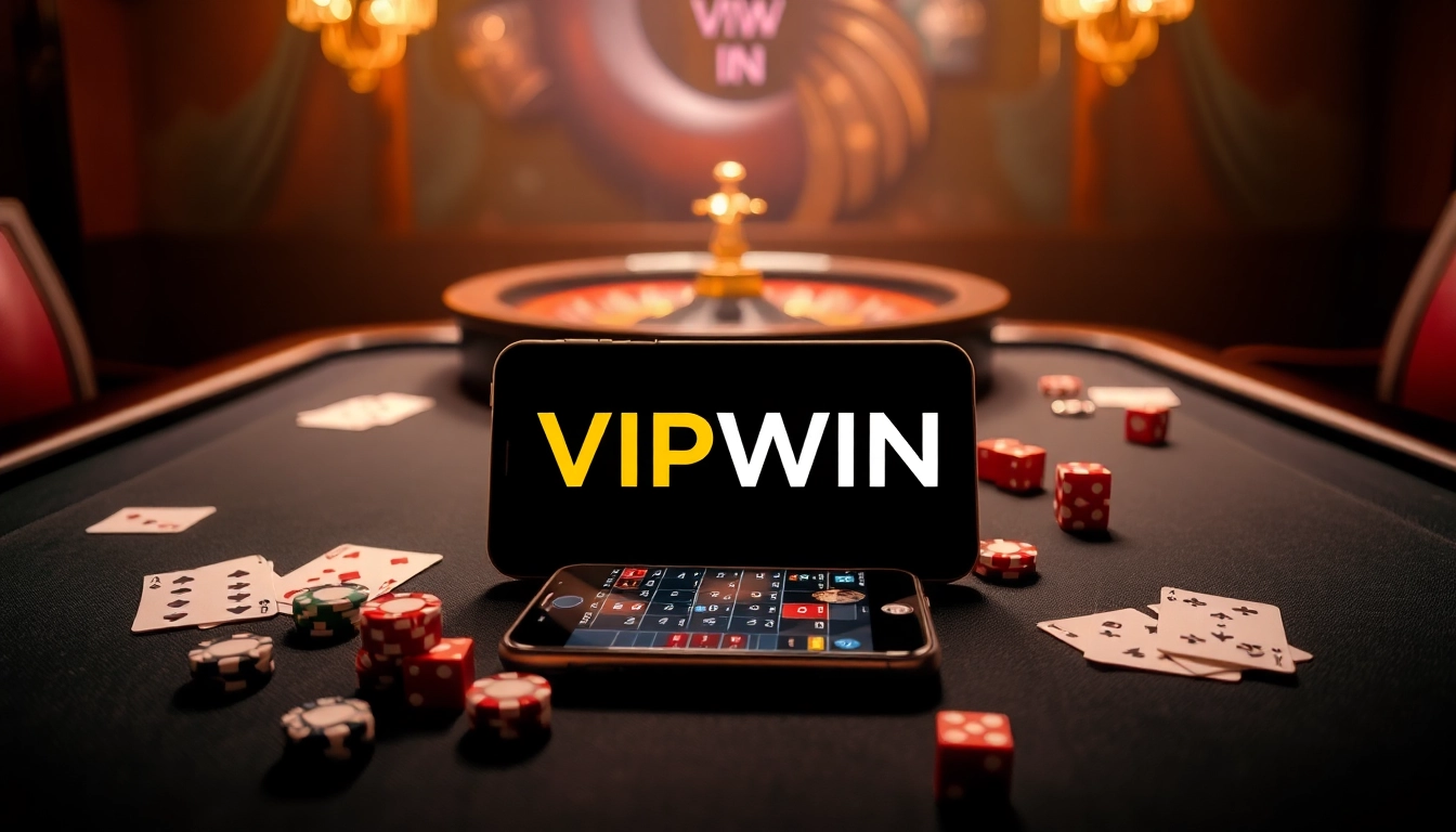 Experience VIPWIN gaming with high-stakes poker chips and vibrant casino ambiance.