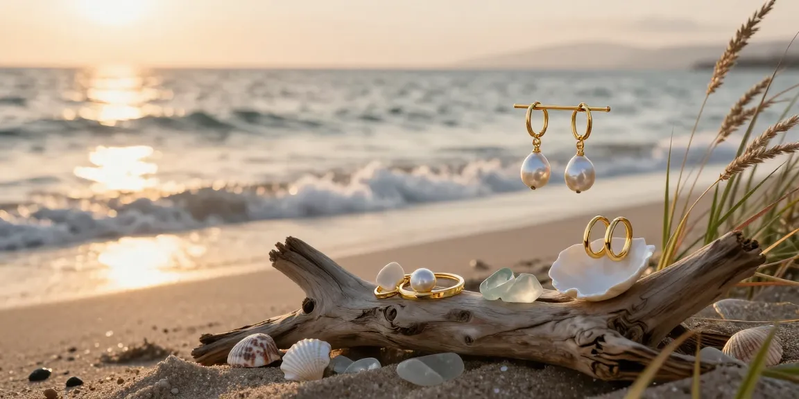 Modern heirloom jewellery displayed on driftwood at sunset, featuring intricate gold baroque pearl earrings.