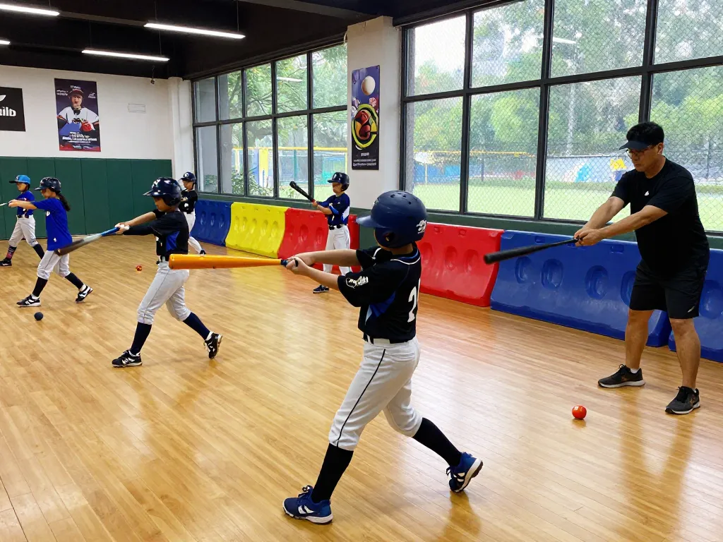 Hitclub youth baseball training scene with athletes practicing techniques in a motivational indoor facility.