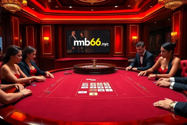 Experience thrilling action at mb66.nyc with a luxurious poker game in progress, surrounded by vibrant casino elements.