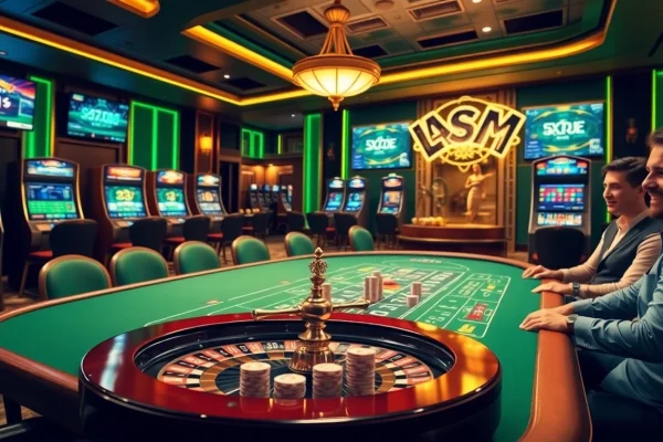 Players enjoying thrilling games at OKWIN's luxurious casino, featuring poker, roulette, and online betting.