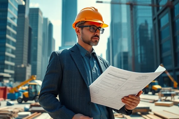 New York Construction Manager confidently supervising an active urban construction site with blueprints and machinery.