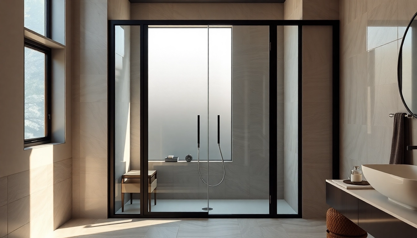 Stylish black frame shower doors featured prominently in a modern bathroom with elegant accents.