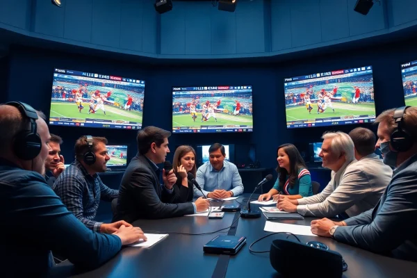 Engaging sports broadcasting commentators in a modern studio setting with live events on screens.