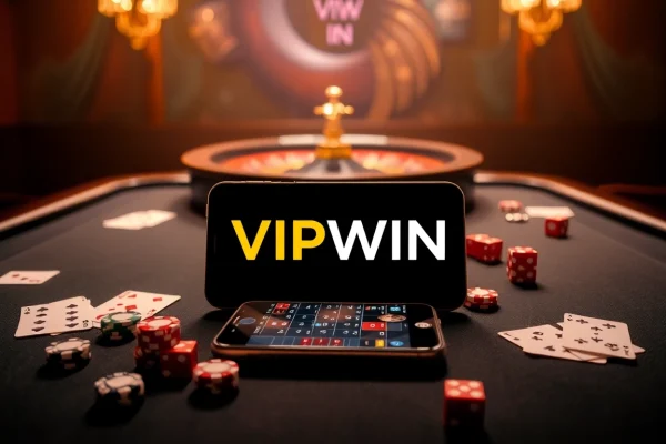 Experience VIPWIN gaming with high-stakes poker chips and vibrant casino ambiance.