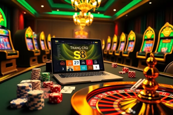 Engaging casino scene showcasing players interacting with trang chủ s8 online gambling website, featuring poker chips and a roulette wheel.