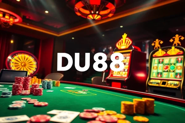 Engaging action scene at du88 trang chủ casino showcasing poker chips, cards, and slot machines.