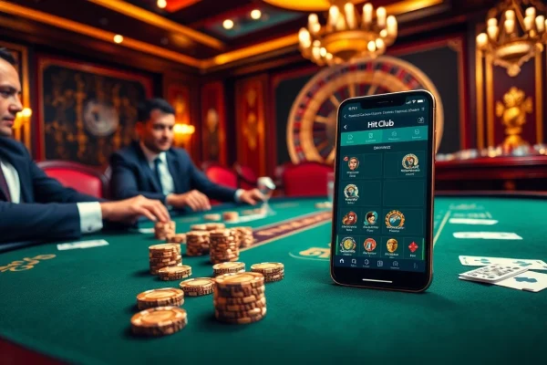 Hit club players enjoying a high-stakes poker game with vibrant casino atmosphere.