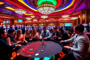 Players engaging in a lively casino atmosphere featuring lc88 .bio promotions and vibrant gaming elements.