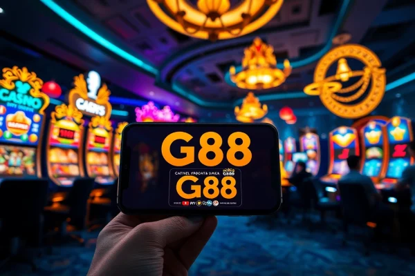 Tải g88 app on smartphone amidst vibrant gaming scene with players.