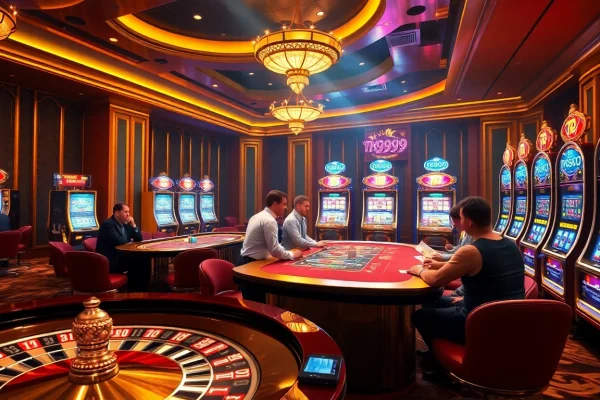Players enjoying games at TK999 Casino, featuring vibrant slot machines and a roulette wheel.