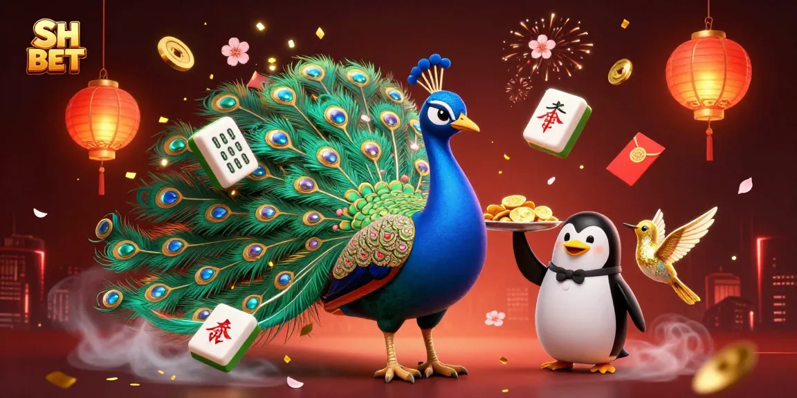 Engage with SH BET at a vibrant casino scene featuring a peacock and penguin with gold chips.