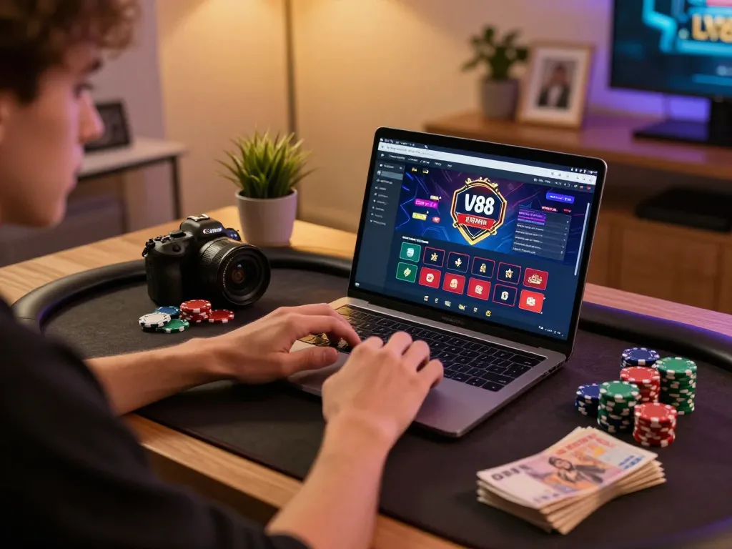 Engaged gamer playing on LV88 online casino, showcasing interactive interface and lively atmosphere.